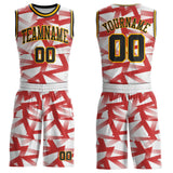 Custom White Black Red-Gold Abstract Geometric Round Neck Sublimation Basketball Uniform Jersey