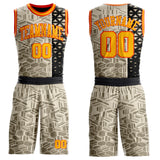 Custom Cream Gold Black-Orange Split Geometric Tribal Round Neck Sublimation Basketball Uniform Jersey