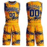 Custom Gold Navy Orange-White Paint Splatter Round Neck Sublimation Basketball Uniform Jersey