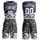 Custom Gray White-Dark Purple Geometric Triangle Round Neck Sublimation Basketball Uniform Jersey