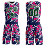 Custom Navy Green Hot Pink-White Abstract Geometric Shards Round Neck Sublimation Basketball Uniform Jersey