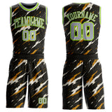 Custom Black Gray Yellow-Neon Green Brush Stroke Abstract Round Neck Sublimation Basketball Uniform Jersey