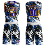 Custom Blue Dark Purple Black-Gold Brush Stroke Abstract Round Neck Sublimation Basketball Uniform Jersey