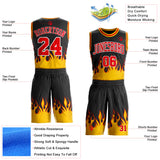 Custom Black Fire Red White-Yellow Blazing Flames Round Neck Sublimation Basketball Uniform Jersey