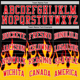 Custom Black Fire Red White-Yellow Blazing Flames Round Neck Sublimation Basketball Uniform Jersey