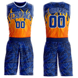 Custom Blue Royal Yellow-White Blazing Flames Round Neck Sublimation Basketball Uniform Jersey