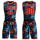 Custom Blue Red Yellow-White Irregular Fire Flames Round Neck Sublimation Basketball Uniform Jersey
