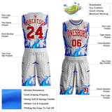 Custom White Red Blue-Gray Irregular Fire Flames Round Neck Sublimation Basketball Uniform Jersey