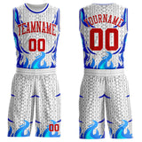 Custom White Red Blue-Gray Irregular Fire Flames Round Neck Sublimation Basketball Uniform Jersey