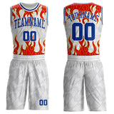 Custom White Royal Gray Red-Yellow Blazing Flames Round Neck Sublimation Basketball Uniform Jersey