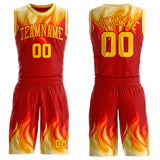 Custom Red Yellow-White Blazing Flames Round Neck Sublimation Basketball Uniform Jersey