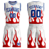 Custom White Royal-Red Blazing Flames Round Neck Sublimation Basketball Uniform Jersey