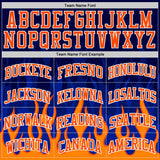 Custom Blue Orange-White Irregular Fire Flames Round Neck Sublimation Basketball Uniform Jersey