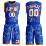 Custom Thunder Blue White Orange Black-Yellow Winter Snowflake Round Neck Sublimation Basketball Uniform Jersey