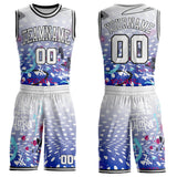 Custom White Blue-Black Hiphop Street Graffiti Round Neck Sublimation Basketball Uniform Jersey