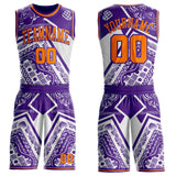 Custom Purple-Bay Orange Paisley Bandana Patchwork Round Neck Sublimation Basketball Uniform Jersey