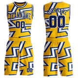 Custom Yellow Navy-White Abstract Geometric Zigzag Round Neck Sublimation Basketball Uniform Jersey