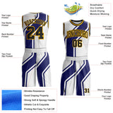 Custom White Black Blue-Gold Abstract Geometric Zigzag Round Neck Sublimation Basketball Uniform Jersey