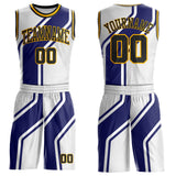 Custom White Black Blue-Gold Abstract Geometric Zigzag Round Neck Sublimation Basketball Uniform Jersey