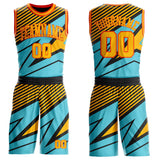 Custom Blue Gold Black-Orange Geometric Stripes Round Neck Sublimation Basketball Uniform Jersey