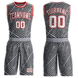 Custom Gray White Black-Red Geometric Lines Round Neck Sublimation Basketball Uniform Jersey
