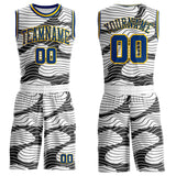 Custom White US Navy Blue Black-Yellow Abstract Wave Round Neck Sublimation Basketball Uniform Jersey