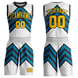 Custom White Yellow Blue-Black Abstract Arrow Round Neck Sublimation Basketball Uniform Jersey