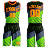 Custom Black Gold Green-Orange Abstract Diagonal Stripes Round Neck Sublimation Basketball Uniform Jersey
