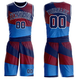 Custom Blue Navy Red-White Abstract Gradient Wave Round Neck Sublimation Basketball Uniform Jersey