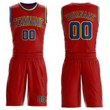 Custom Red US Navy Blue-Yellow Abstract Curved Lines Round Neck Sublimation Basketball Uniform Jersey