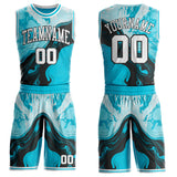 Custom Lakes Blue White-Black Marble Swirl Liquid Fluid Round Neck Sublimation Basketball Uniform Jersey