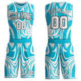 Custom Lakes Blue White-Black Marble Swirl Liquid Fluid Round Neck Sublimation Basketball Uniform Jersey
