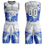 Custom Thunder Blue White-Black Marble Swirl Liquid Fluid Round Neck Sublimation Basketball Uniform Jersey