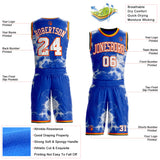 Custom Thunder Blue White Orange Black-Yellow Marble Swirl Round Neck Sublimation Basketball Uniform Jersey
