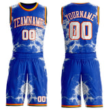 Custom Thunder Blue White Orange Black-Yellow Marble Swirl Round Neck Sublimation Basketball Uniform Jersey