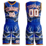 Custom Thunder Blue White Orange Black-Yellow Marble Swirl Round Neck Sublimation Basketball Uniform Jersey