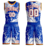 Custom Thunder Blue White Orange Black-Yellow Marble Swirl Round Neck Sublimation Basketball Uniform Jersey