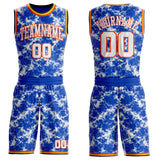 Custom Thunder Blue White Orange Black-Yellow Marble Swirl Round Neck Sublimation Basketball Uniform Jersey