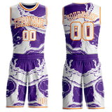 Custom White Purple-Bay Orange Marble Swirl Liquid Fluid Round Neck Sublimation Basketball Uniform Jersey