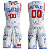 Custom White Red-Thunder Blue Marble Swirl Round Neck Sublimation Basketball Uniform Jersey