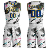 Custom White US Navy Blue Black Pink-Yellow Brush Stroke Paint Splash Round Neck Sublimation Basketball Uniform Jersey