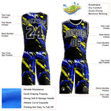 Custom Black Blue Yellow-White Brush Stroke Paint Splash Round Neck Sublimation Basketball Uniform Jersey
