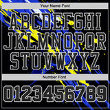 Custom Black Blue Yellow-White Brush Stroke Paint Splash Round Neck Sublimation Basketball Uniform Jersey
