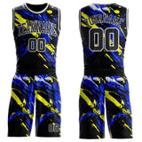Custom Black Blue Yellow-White Brush Stroke Paint Splash Round Neck Sublimation Basketball Uniform Jersey