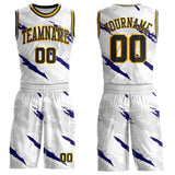 Custom White Black Blue-Gold Brush Stroke Paint Splash Round Neck Sublimation Basketball Uniform Jersey