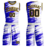 Custom White Black Blue-Gold Brush Stroke Paint Splash Round Neck Sublimation Basketball Uniform Jersey