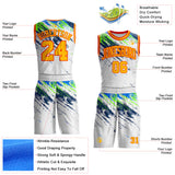 Custom White Gold Blue Neon Green-Orange Brush Stroke Paint Splash Round Neck Sublimation Basketball Uniform Jersey