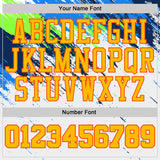Custom White Gold Blue Neon Green-Orange Brush Stroke Paint Splash Round Neck Sublimation Basketball Uniform Jersey