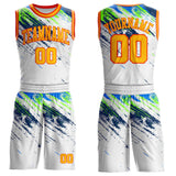 Custom White Gold Blue Neon Green-Orange Brush Stroke Paint Splash Round Neck Sublimation Basketball Uniform Jersey