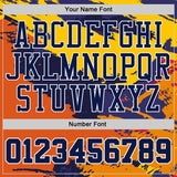 Custom Gold Navy Orange-White Brush Stroke Paint Splash Round Neck Sublimation Basketball Uniform Jersey